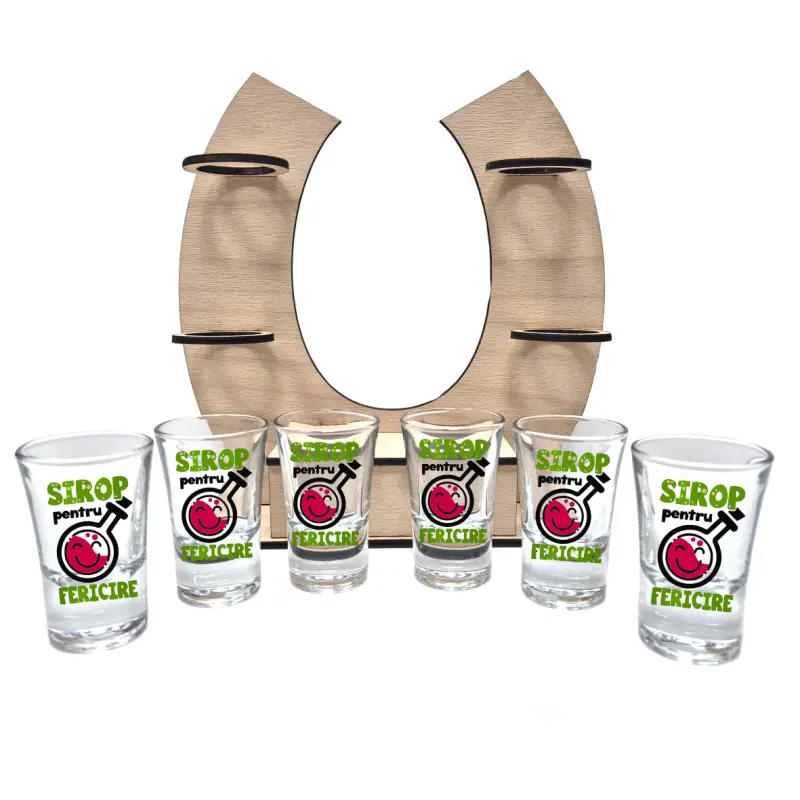 Sirop pentru fericire, suport potcoava din lemn cu 6 pahare tip shout, model hgs116